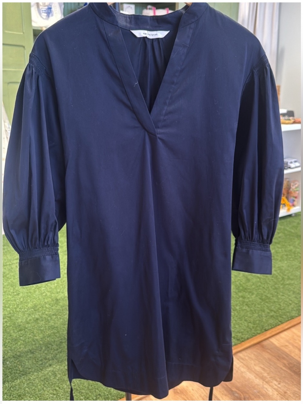 Rebecca Taylor Navy V-Neck Midi Dress with Self-Tie Waist